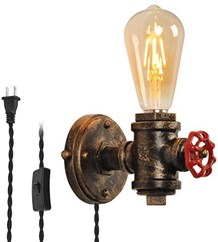 LUSTORM 1 Industrielle Wandleuchte Sockel mit Steckerkabel, Gold Rustikale Wandmontage Leuchte Antik Steampunk Licht Vintage E27 Retro Beleuchtung Bauernhaus Dekoration für Schlafzimmer Wohnzimmer