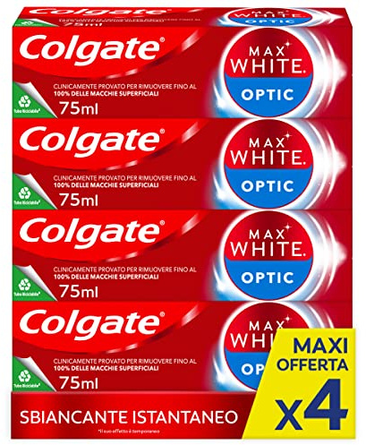 Colgate Max White Optic Instant Whitening Zahnpasta, klinisch erwiesen, um bis zu 100% der oberflächlichen Flecken zu entfernen, 4 x 75 ml