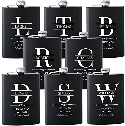 8 Pieces Personalised Hip Flasks for Groomsmen Gifts, 8oz Engraved Alcohol Flasks for Wedding, Customised Whisky Hip Flask for Bachelor Stag Party, Father of The Bride Gifts (Black)
