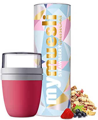 Muesli Strawberry Cheesecake BIO avec des biscuits au beurre & des fraises fruitées (575g) + un bol pour muesli à emporter (bol de 500ml & couvercle de 300ml) - pour micro-ondes & lave-vaisselle
