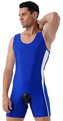 Freebily Herren Gymnastikanzug Jumpsuit Männer Body Bodysuit U-Ausschnitt Ärmellose Sport Fitness Trikot Bodybuilding Overall Shorty Unitard Blau_B L