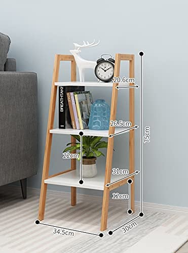 VR7 3/4 tier wooden ladder shelves rack bookcase flower plant display unit storage rack with white shelves for living room bedroom (wooden with white shelves, 3 tier)