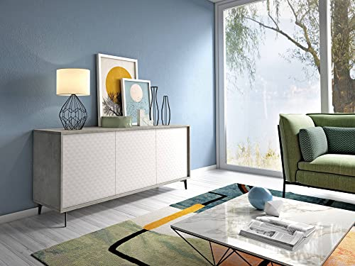 Dmora - Kommode Fresia, Buffetschrank mit 3 Türen und 1 verstellbarem Regal, elegantes Wohnzimmer-Sideboard, TV-Schrank, 100 % Made in Italy, 184 x 45 x 77 cm, Weiß und Zement