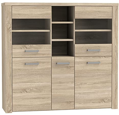 Newroom Vitrine Sonoma Eiche Vitrinenschrank Modern - 146,3x137,4x41,3 cm (BxHxT) - Glasvitrine Standvitrine Glasschrank - [Cosima.Four] Wohnzimmer Wohnstube Büro