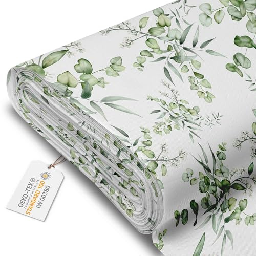 DreamRoots Markisenstoff Meterware, Eucalyptus Leaves | Oxford Segeltuch, wasserdicht, Polsterstoff, 220 g/m² 600D, 160 cm breit, wasserabweisend, für außen & Deko