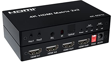 4K HDMI Matrix 2x2, HDMI Matrix Switch 4K 60Hz 2 in 2 out Matrix HDMI Switch Splitter Konverter mit EDID Optical für Dolby PC PS4 auf TV Monitor