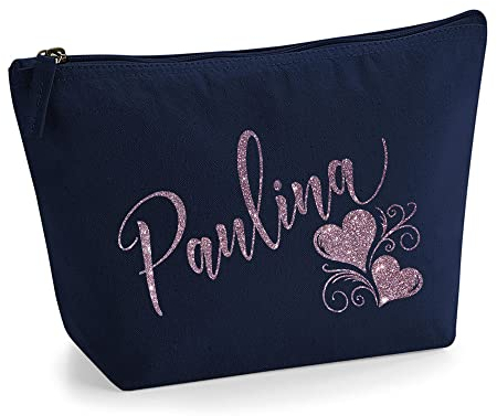 Personalisiert Name Initialen Herz Wirbel Kosmetiktasche Damen Schminktasche für Handtasche Makeup Tasche mit Texturdruck - Roségold Glitter - S | Marine Blau