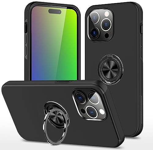EYZUTAK Case for iPhone 14 Pro, 360 Degree Rotation Magnetic Metal Finger Ring Holder Magnet Car Holder Inner Silicone with Camera Protection Glossy Anti-drop Hard Cover - Black