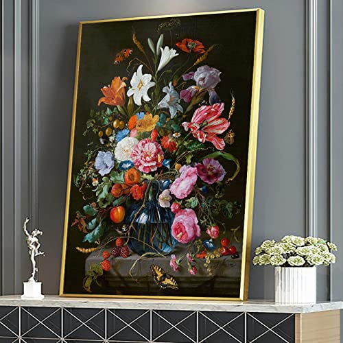OUSHION ART Retro Nelke Lilie Rose Blumen in Vase Leinwand Gemälde Bürodekoration Schwarz Poster und Drucke Klassische Wandkunst Bauernhausdekoration 45 x 30 cm Innenrahmen
