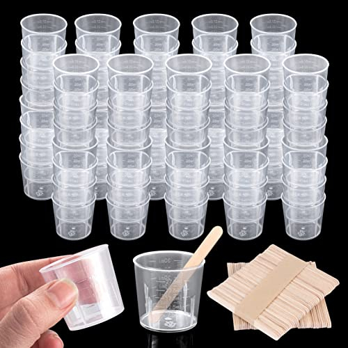 80 Pezzi Misurino Graduato, 30ml Bicchiere di Miscelazione di Plastica Misurini Laureato Tazze 100 Bastoncini di Legno per Miscelare Vernice Macchia Resina Epossidica