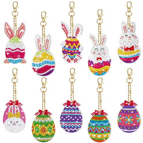 FANTESI 10 Stück Ostern Diamond Painting Anhänger 5D Diamant Painting Schlüsselanhänger Kit Osterdeko Schlüsselanhänger Geschenke Handwerk Osternhase Hase Ostereier Diamantmalerei für Kinder Handwerk