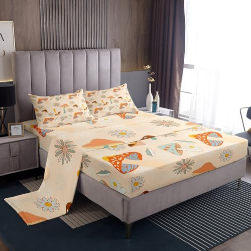 Castle Fairy 60er 70er Jahre Retro Pilz Bettlaken-Set Queen Size, groovy Blumen Floral Qualität Polyester Luxus Spannbetttuch, Boho Art Bettwäsche-Set (1 Spannbetttuch, 1 flach, 2 Kissen), weich