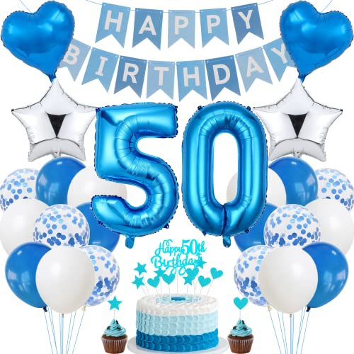 Jrzyhi 50. Geburtstag Dekoration - Blau Silber Party Deko für Männer und Frauen - Tortendeko 50 Jahre