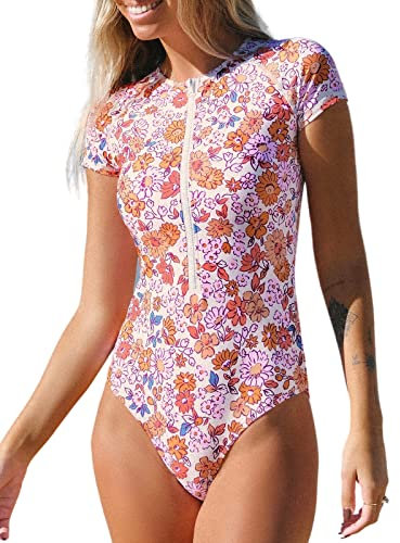 CUPSHE Maillot de bain une pièce à manches courtes pour femme avec col montant et fermeture éclair, motif floral rose, Taille L