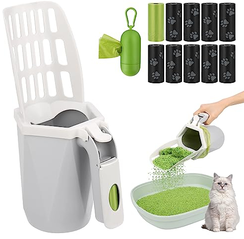 PWEZON Cuchara de arena para gatos con bolsas, pala de arena mejorada para gatos con soporte y cubo de residuos, cuchara para gatos con bolsas de basura de 195 unidades, pala de arena portátil