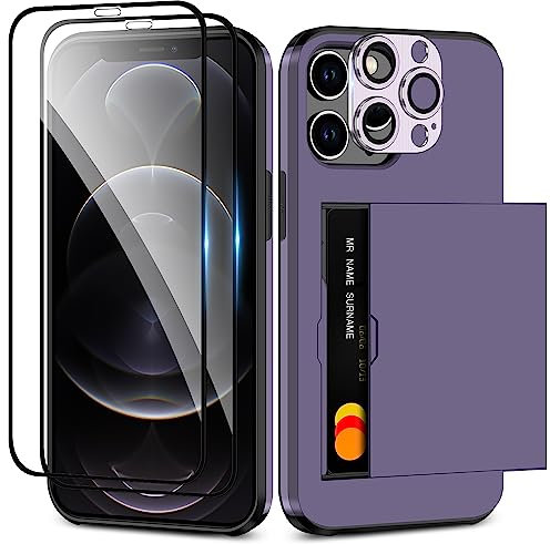 Coolden for iPhone 12 Case iPhone 12 Pro Case with Card Holder 2 Screen Protector + 1 Camera Lens Protector Heavy Duty Protective Shockproof Wallet Cover for iPhone 12 Phone Cases-Purple