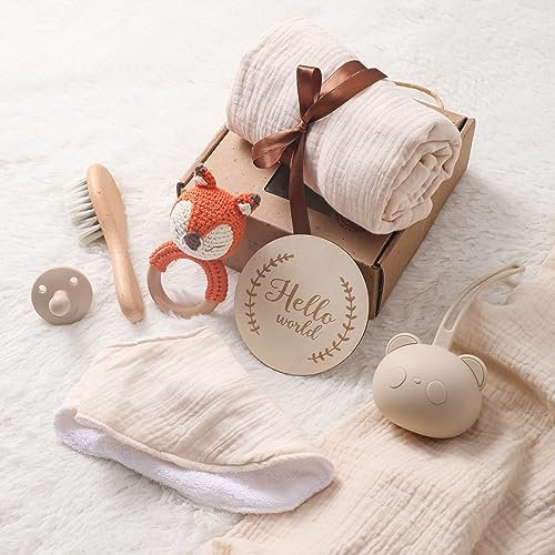 Youuys 7-Teilig Baby Geschenk zur Geburt für Neugeborene, Baby Geschenk Mädchen Junge, Badetücher, Rassel, Schnuller, Meilensteinkarten, Lätzchen, Bürste, Geschenkverpackung, Babyparty (Beige)