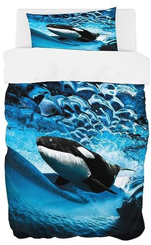Zomer Bettwäsche 135 x 200 cm Ozean Wal Motiv Bettbezug Set 2teilig Weich Mikrofaser Bettwäsche Deckenbezug - 1 Flauschige Bettbezug und 1 Kissenbezug 80x80cm