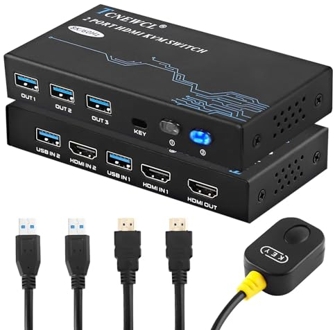 8K 60Hz Conmutador KVM Switch HDMI 4K 120Hz 2 puertos, TCNEWCL Switch KVM Conmutador HDMI 2.1 USB 3.0 para 2 PC 1 monitor, soporte HDR, Dolby Audio, 3D, HDCP2.3, con 2 cable HDMI 2.1 y 2 cable USB 3.0
