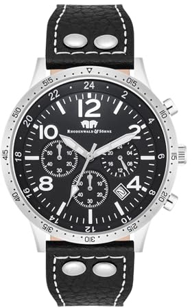 Rhodenwald & Söhne Herren Uhr Edelstahl Silber Quarzwerk 5 ATM | Echtleder Armband, schwarz, Struktur, Chronograph, Zifferblatt schwarz, Mineralglas, Armbanduhr