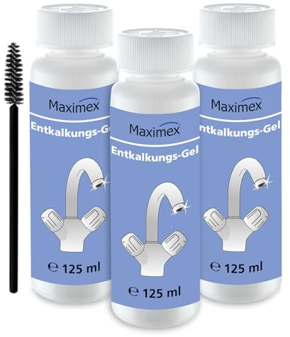 Maximex Entkalkungsgel mit Bürste 3er Set, je 125 ml, Spezial-Entkalker zur effektive Kalkentfernung, selbsttätige Reinigung durch schaumaktive Substanzen, Zitronen-Duft