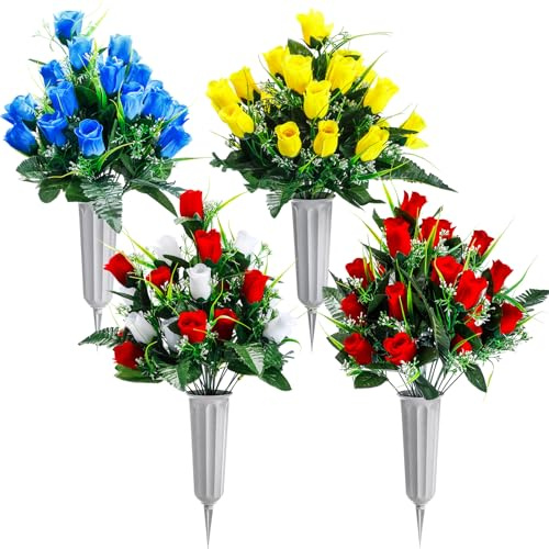 Crowye 4 Sets Cemetery Flowers for Grave 96 Heads Artificial Rose Bouquet Arrangement with Vase Silk Memorial Flowers for Christmas Memorial Day(Multicolor)