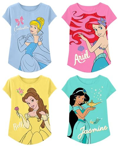 Disney Princesse T-shirt pour filles (ensembles) Jasmine Ariel Tiana Blanche-Neige Belle Raiponce Cendrillon Mulan Aurora Moana Vêtements, Bleu clair/rose/jaune, 6 ans