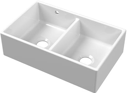 Balterley 795mm Butler White Kitchen Sink, Double Bowl Stepped Weir with 1 Overflow Hole, Durable Butler Fireclay Ceramic Kitchen Sink Bowl, Apron Front Farmhouse Sinks - 795 x 500 x 220mm (White)