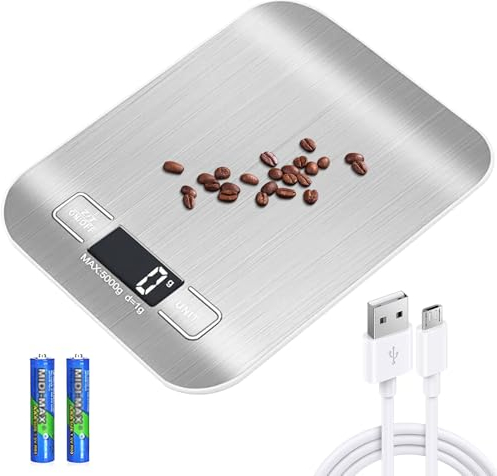 Balance de cuisine numérique 10 kg/1 g, rechargeable par USB, avec écran LCD et fonction tare, professionnelle avec câble de charge, couleur argentée et blanche