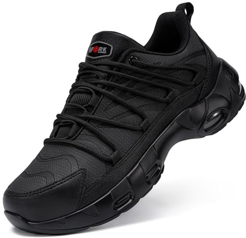 LARNMERN Zapatillas de Seguridad Hombre Colchón de Aire Ligero Zapatos de Trabajo Calzado Construcción Seguridad Puntera de Acero Talla 46EU,Profundo Negro
