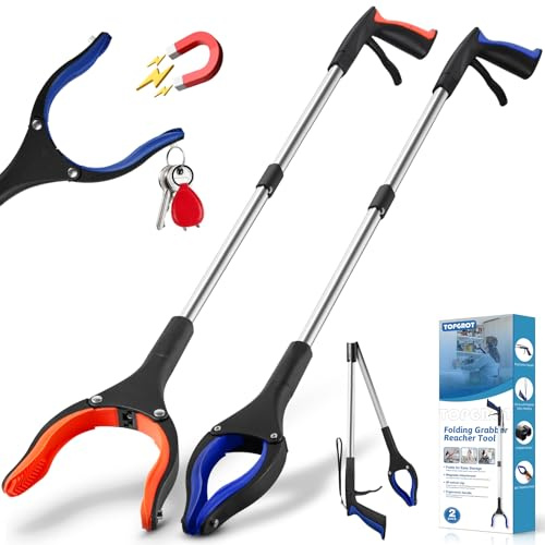 TOPGROT 2-Pack Grabber Reacher Tool, 34 Foldable Reacher Grabber Pickup Tool with 360° Anti-Slip Rotating Jaw & Magnets, 4 Wide Claw Opening Reachers for Seniors, Trash Picker Tool