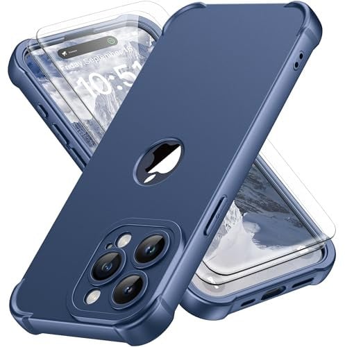 ORETECH for iPhone 15 Pro Max Case 6.7 inch, with [2 Pack Screen Protector] [Camera Lens Guard] [15FT Military Grade Drop Test] 360° Shockproof Slim Fit Design Rubber Bumper Phone Cover - Blue