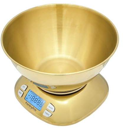 PantryPro Digital Kitchen Scale with Bowl - Gold Stainless Steel 12lbs Capacity - LCD Display Grams and Ounces Battery Included