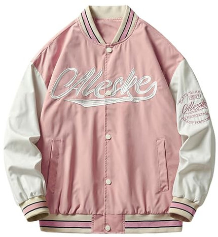 DUHENWU Veste bomber universitaire pour homme Hip Hop - Couleur contrastée - Avec col montant - Coupe décontractée - Sportive - Veste mi-saison élégante de qualité supérieure, O rose., L