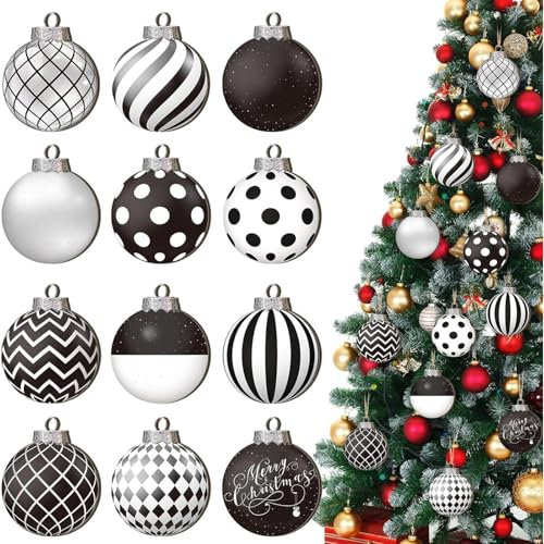 Weihnachtspunkt-Ornamente, Schwarz-Weiß, Winterkugeln, Bauernhaus, Weihnachtskugel, Ornamente, schwarz-weiß kariert, Kugel-Ornament für Feiertage, P-Art-Events, Baumschmuck (12 Stück)