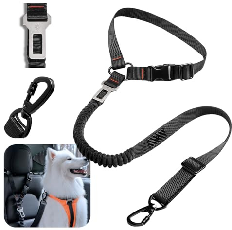 Spigen Anschnallgurt Hund Auto, Hundegurt für Rückbanksitze【Nylon & Carbon】 Sicherheitsgurt mit 360° Drehbarer Karabiner, Verstellbares Band bis 54.33 Inch für Tesla Model Y, 3 (~Highland) und Mehr