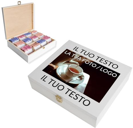 Creative Deco Scatola Porta Tè e Tisane Bianca in Legno | Personalizzato Regalo con Testo e Foto 12 Scomparti | 29x25x7.5cm | Portagioie, Tè | Coperchio, Serratura e Divisori Rimovibili