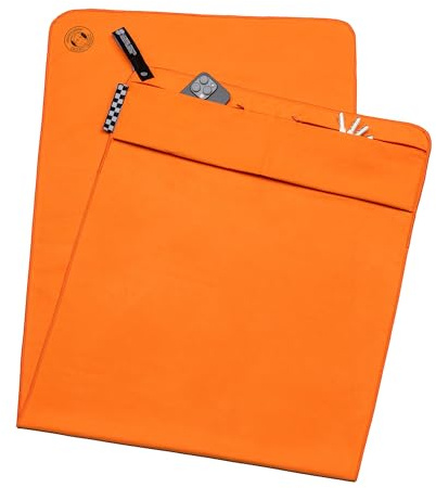 Mister Nick's Fitness Handtuch, Mikrofaser, mit Taschen, Magnetöse (Orange) | Praktische Rückentaschen für Handy, Geld & Schlüssel, starke Klemmöse für Metallgestänge, sehr weich, dünn und saugstark