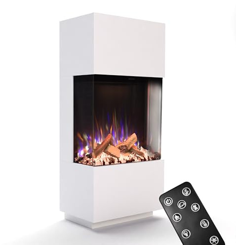 GLOW FIRE Kaminofen PR11 mit realistischem 3D E-Motion LED-Feuer - Stand-Elektrokamin mit Heizung und Kaminfeuer, Knistereffekt & Timer, max. 1500 W, 61,5x136x40cm, Weiß
