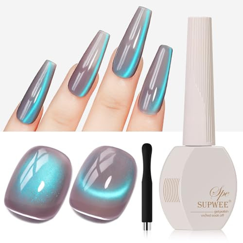 SUPWEE Gel Nail Polish Magnetic, 15ml Purple Cat Eye Gel Polish with Manget Blue Cat Eye Light Effect Soak Off UV Jelly Glass Crytal Nail Polish for Manicure Salon At Home