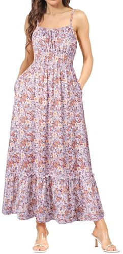 GRACE KARIN Abito lungo da donna, estivo, casual, con spalline floreali, con punto smock, stile boho, da spiaggia, Marrone con fiori viola e gialli, XXL