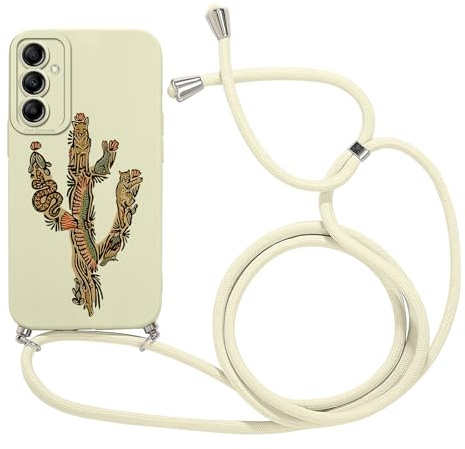 Phoona Handykette Handyhülle für Samsung Galaxy A14 5G 6,6 Hülle mit Band, Aesthetic Muster Schutzhülle mit Kordel, Silikon Stoßfest Bumper Case Mädchen Frauen Cover für Samsung A14 5G, Fuchs Kaktus