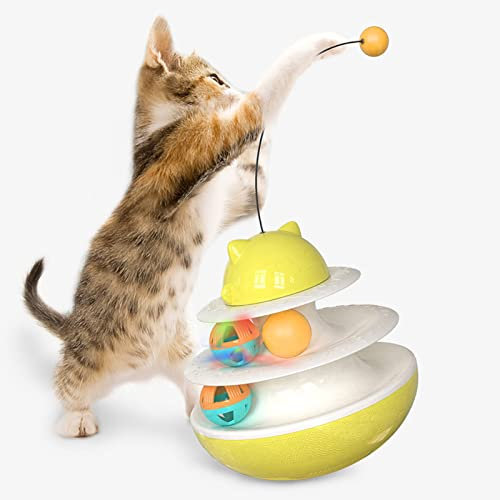 WONZHEC ** CAT Interactive Track Tower mit 2 -Level -Plattenspieler und Rollbällen - Katzenministerspielzeug für mentale und physische Stimulation - Lake Blue ** (Gelb)