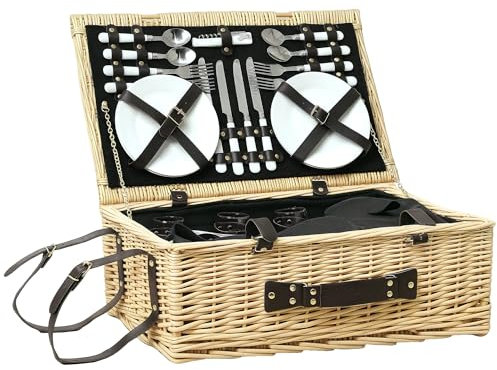 Outsunny Cestino da Picnic in Vimini per 4 Persone, Cesto Picnic con Area Frigo e Accessori Piatti, Bicchieri da Vino, Cucchiai e Forchette, 54x34x20 cm, Color Legno