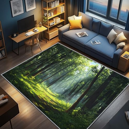 AevuCub Wald Deko, Waldmotiv Teppich 240x300 Kurzflor, Großer Teppich Wohnzimmer Naturmotiv, Weich rutschfest Waschbare Teppiche, Bettvorleger Schlafzimmer Kinderzimmer