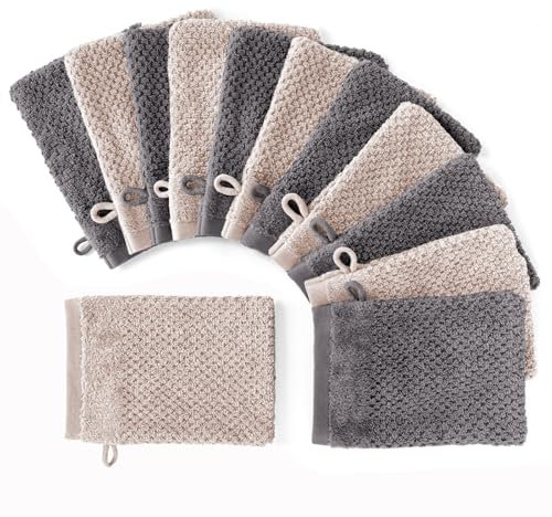 Pure Label 12-TLG. Waschhandschuh Waschlappen Set mit Anhängeschlaufe aus 100% Baumwolle, saugstark, weich und Oeko-TEX Zertifiziert - 12 Waschlappen aus Baumwolle 16x21cm, Anthrazit | Stein