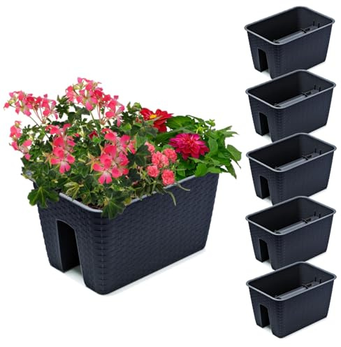 Satz von 5 Stck Balkonkiste 13 L Blumenkasten Geländerkasten Balkonkasten Geländertopf 27,2 x 39,6 cm H 22,5 cm Farbe Anthrazit Rattan-Imitat Quadrat aus Kunststoff Modern Glamour Geschenkdekoration