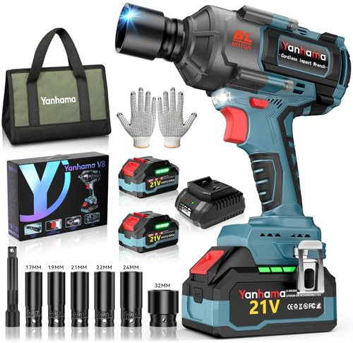 Yanhama Cle A Choc Sans Fil 1400N.M Sur Batterie Double 21V 4.5Ah Cle A Choc Rotation à Trois Vitesses LED Professionnelle Boulonneuse A Choc+Sac de Transport-Idée Cadeau Bricolage