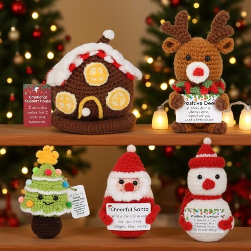 5Pcs Christmas Positive Potato Crochet Dolls with Cards, Emotional Support Gift, Cute Knitted Santa, Deer, Snowman, Tree & House - Pocket Hug, Positive Gifts Xmas Presents for Women, Friends