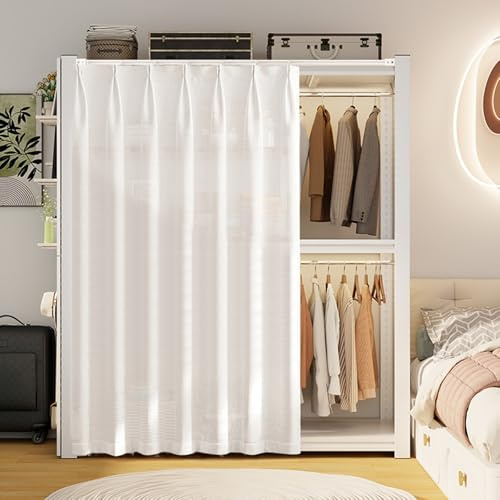 Waschbar Schrankvorhang Zum Schieben Weiss Staubdichter Privatsphäre Regal Vorhang Kein Stanzen Erforderlich mit Selbstklebender Flüsterschiene(B,W 80 cm x H 200 cm)